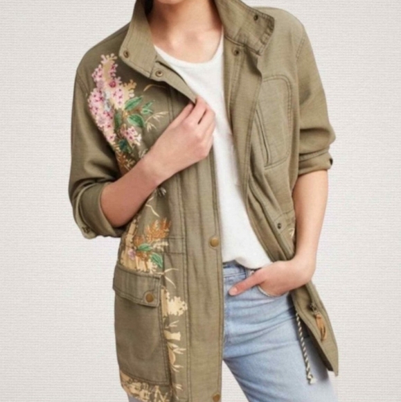 Anthropologie Embellished Sequin Floral Boho Anorak XS Military Jacket - Picture 1 of 15